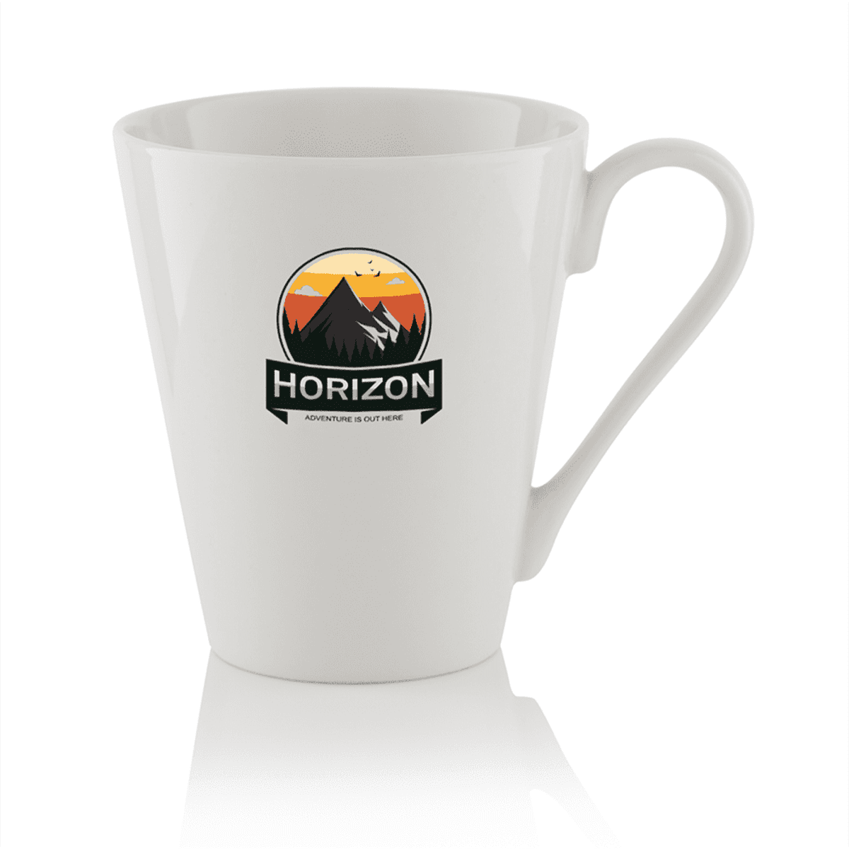 A white latte mug with a tapered design and a logo featuring a mountain scene in vibrant orange and black.