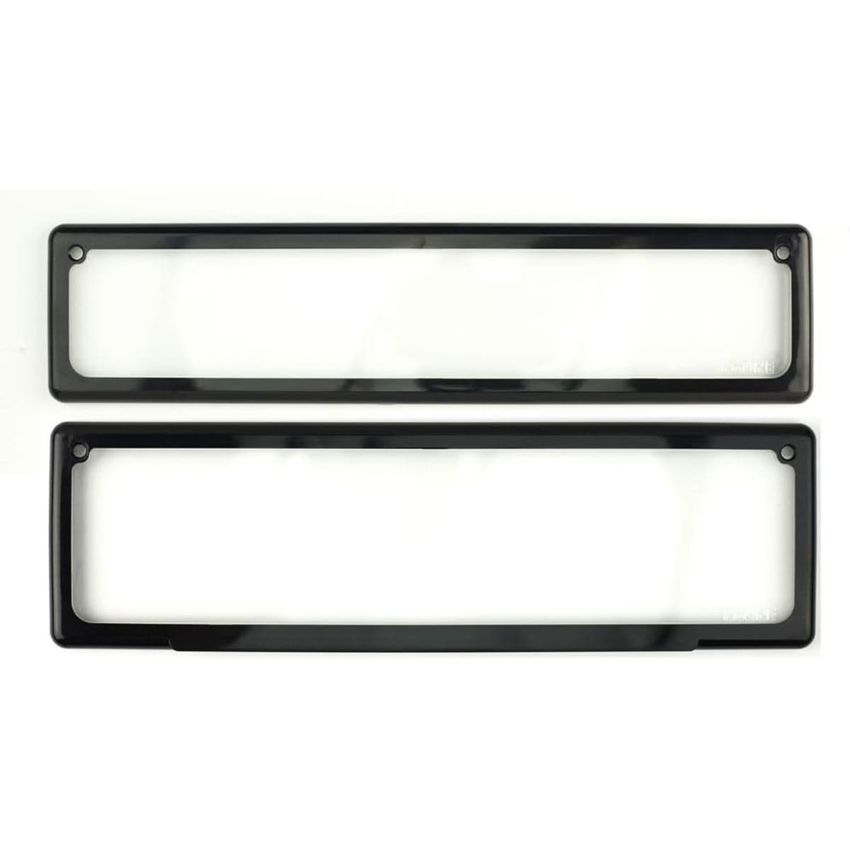 A pair of black license plate frames with a sleek, rectangular design and rounded edges.