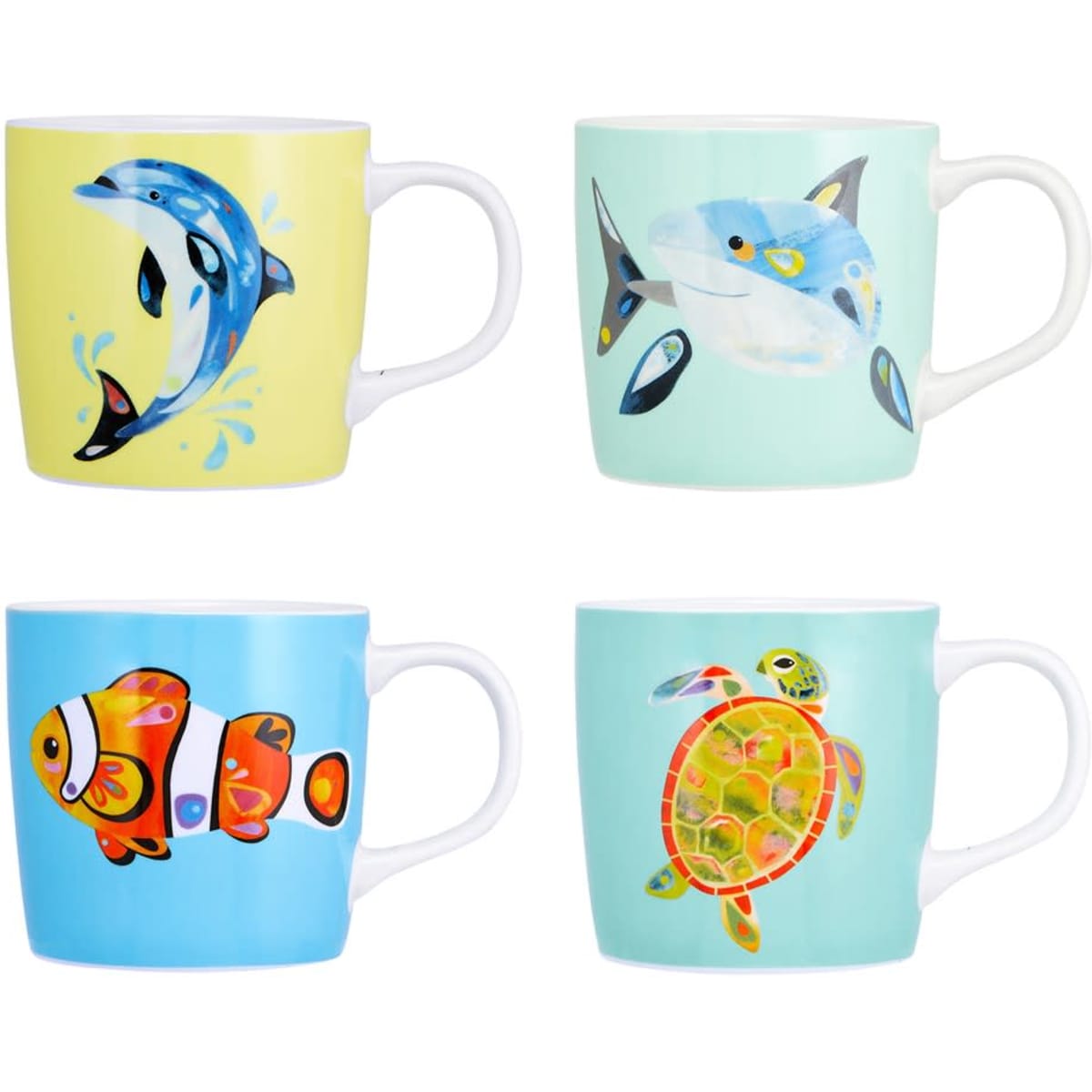 A set of four colourful coffee mugs featuring ocean-themed designs of dolphins, sharks, clownfish, and a turtle.
