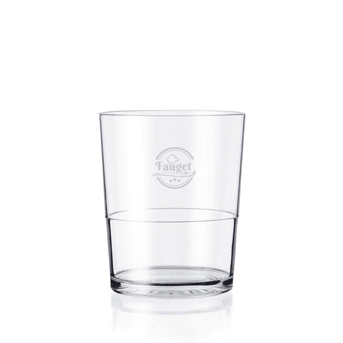 A drink bottle featuring a clear plastic tumbler with a circular logo on one side.