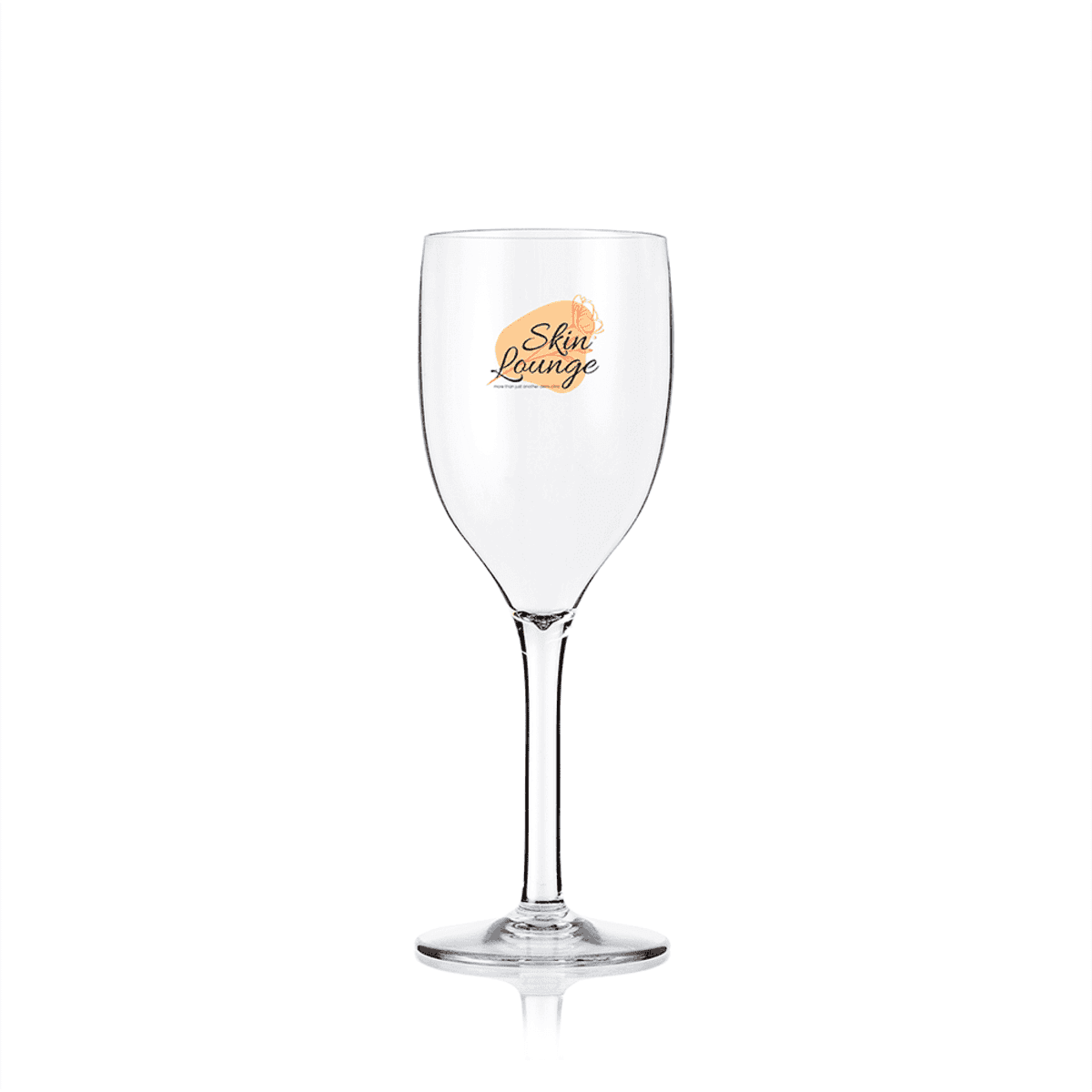 A drink bottle resembling a wine glass, clear with a slender stem and featuring a logo.