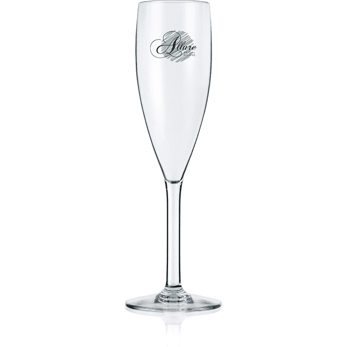 A drink bottle featuring a clear plastic flute design with a logo on its side.
