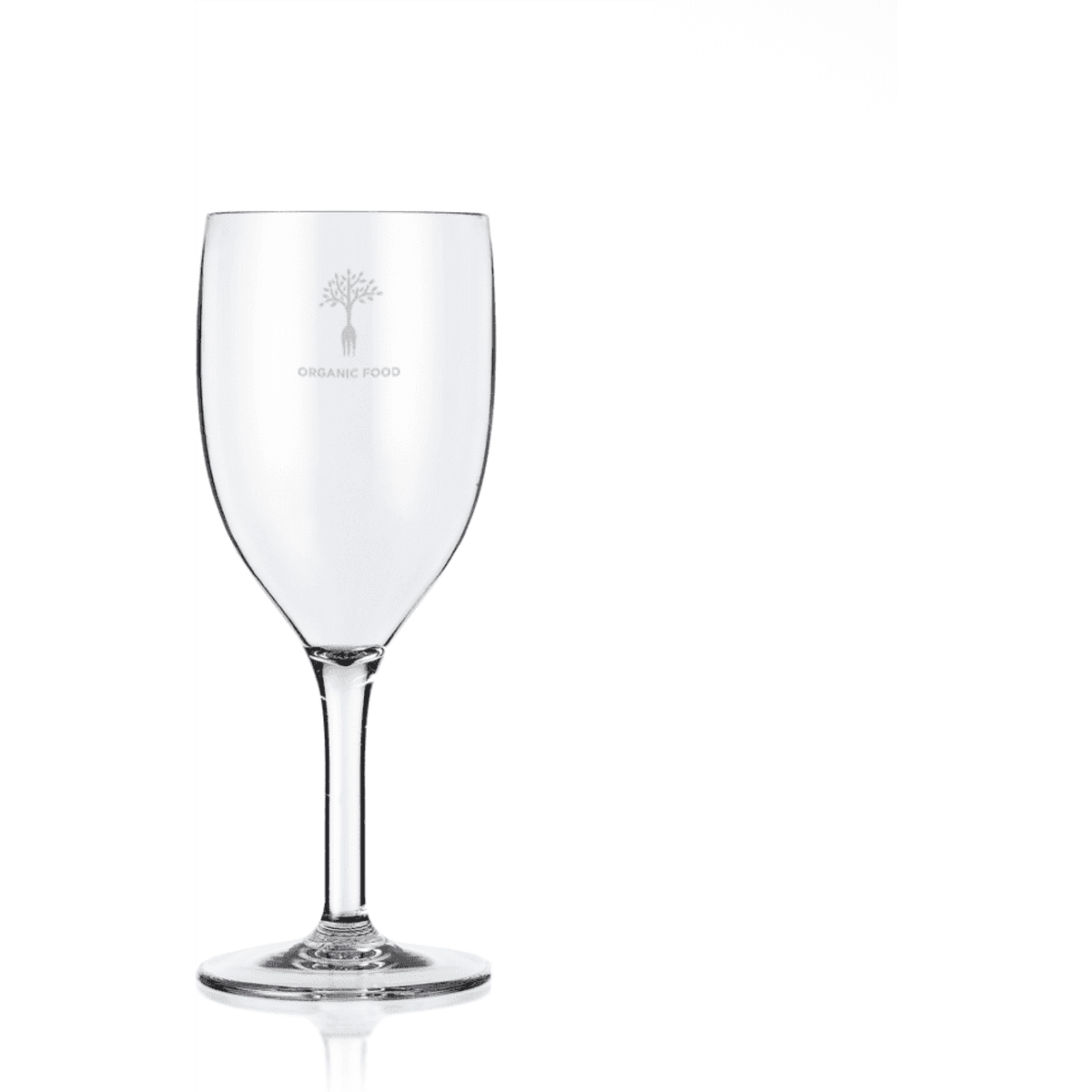 A clear plastic wine glass with a stem, featuring a logo on its side. Suitable for beverages.