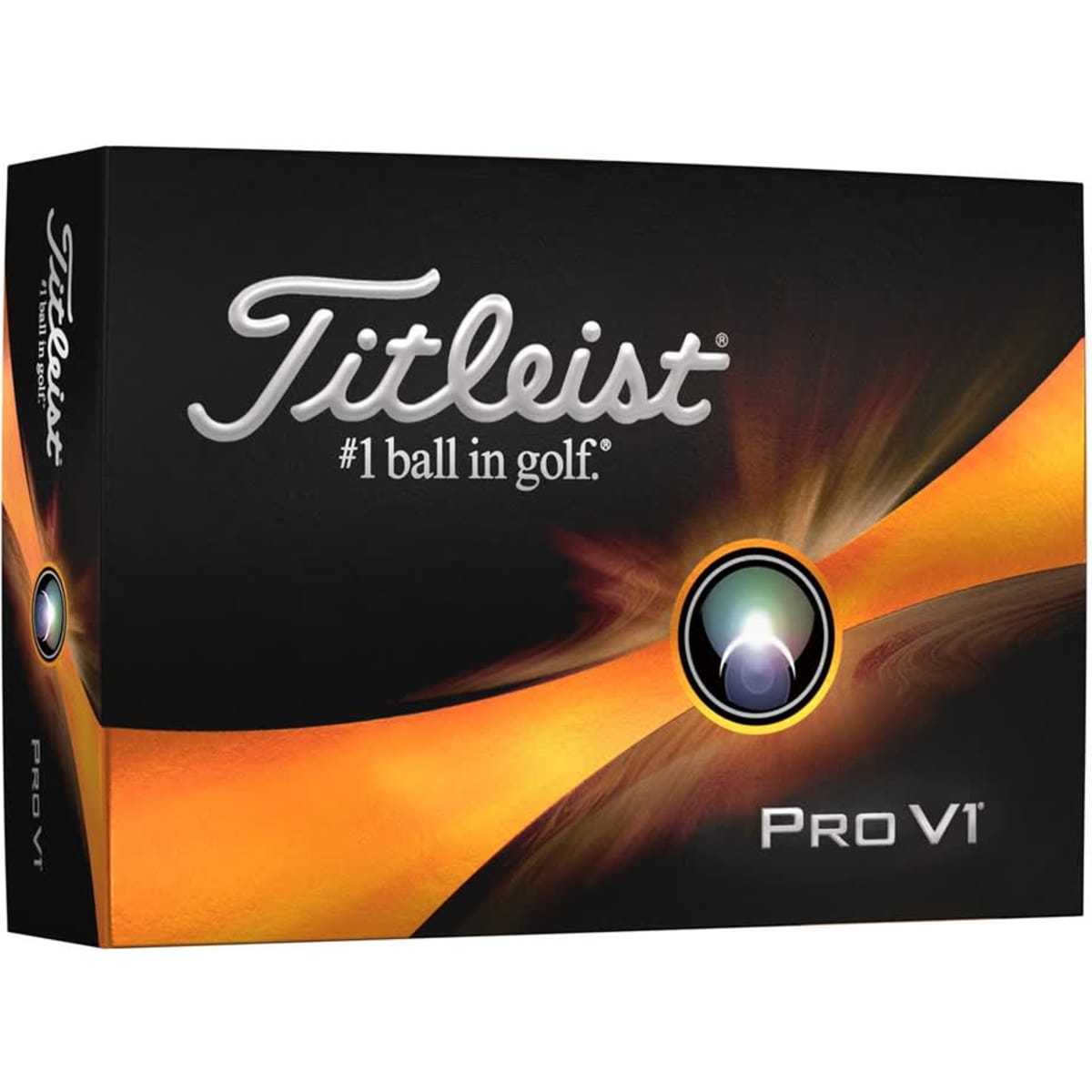 A black box containing Titleist ProV1 golf balls, featuring an elegant orange and silver design with a logo.