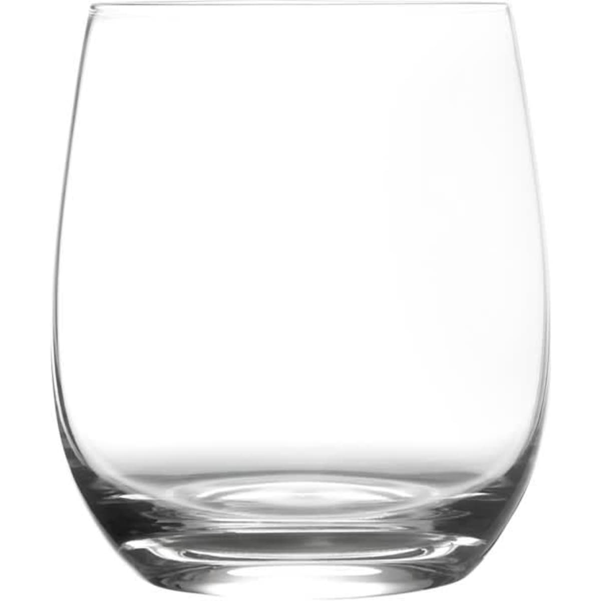 A clear, smooth glass tumbler with a rounded base, part of a set of six. Suitable for whisky and other drinks.