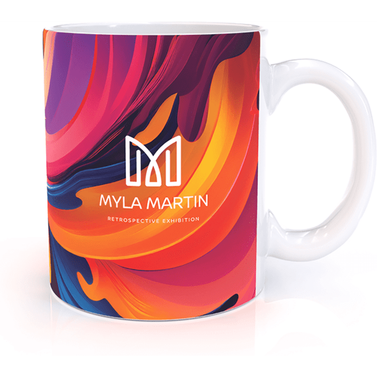 A coffee mug in vibrant hues of orange, purple, and pink, featuring a logo on one side.