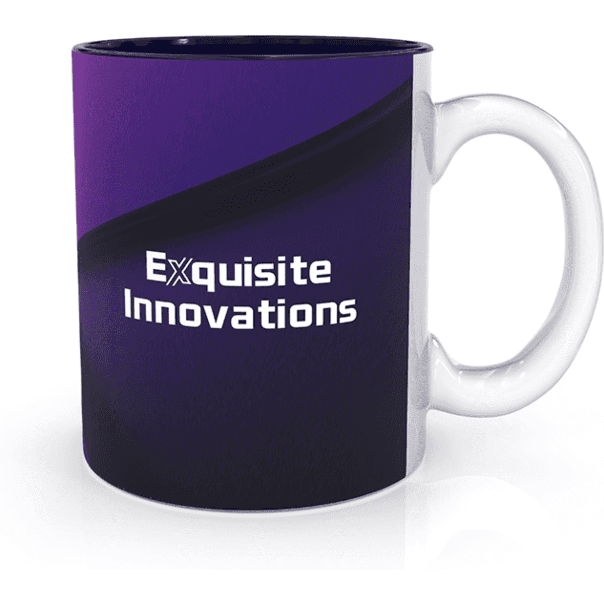 A coffee mug featuring a white handle and cobalt blue gradient design, includes a logo on the surface.