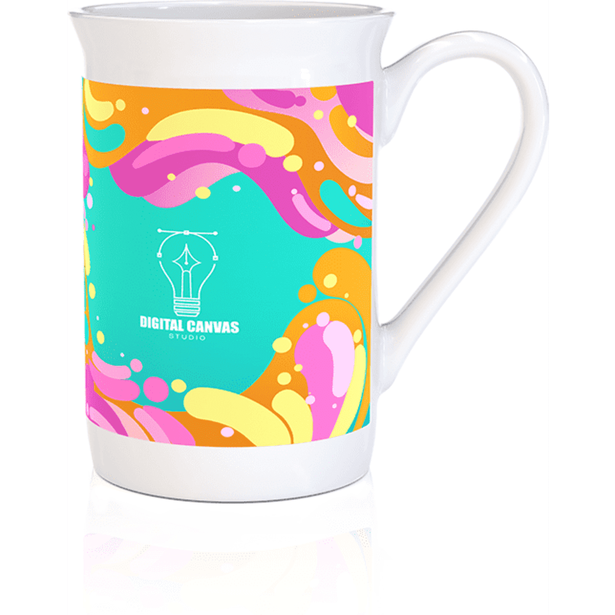 A coffee mug featuring a vibrant design with pink, orange, and turquoise swirls, alongside a logo.