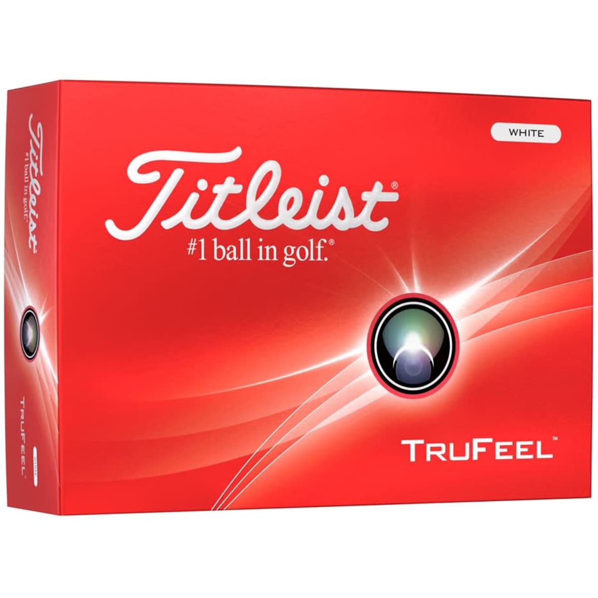 A box of Titleist TruFeel golf balls in white, featuring a prominent logo and a sleek red design.