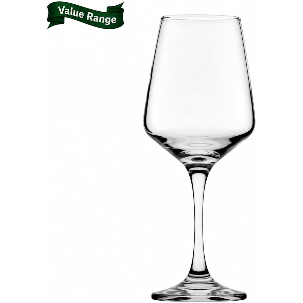 A clear 435ml wine glass with a tapered bowl and a slender stem, featuring a small logo in the corner.