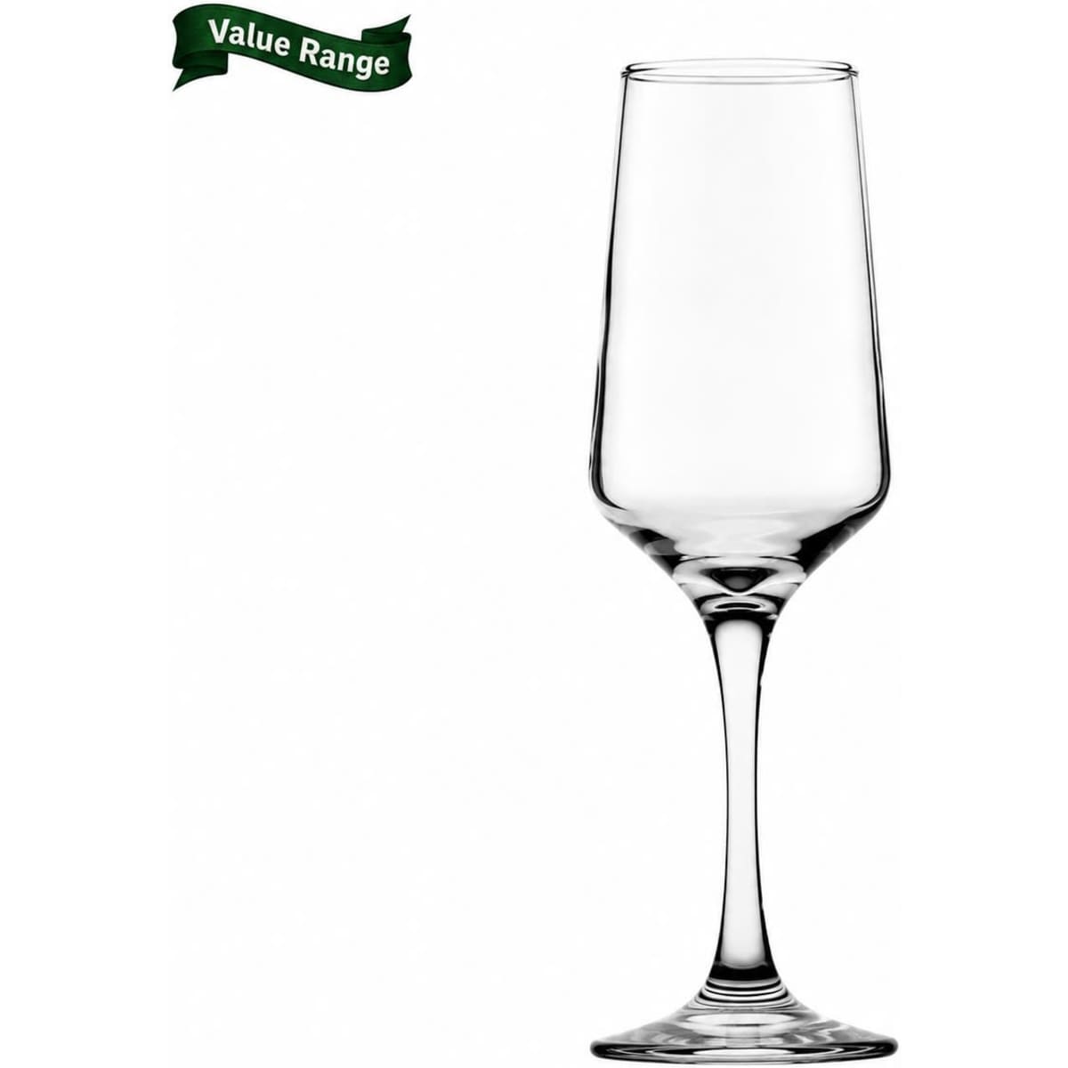 A glass flute with a slender stem, part of the Lumino Value Range, clear glass design.