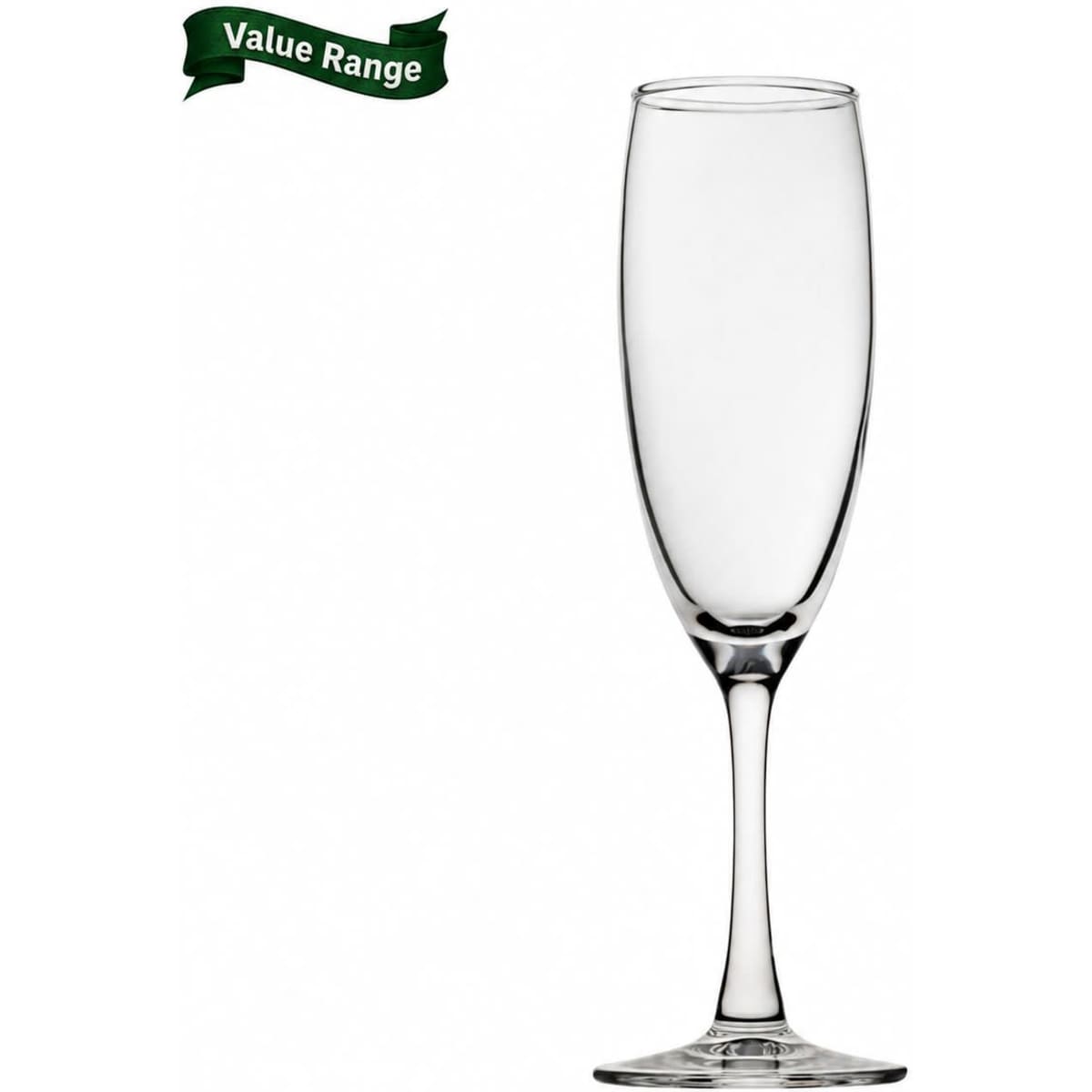 A clear glass wine glass with a tall, slender design, featuring a smooth stem and base. It has a logo at the top.