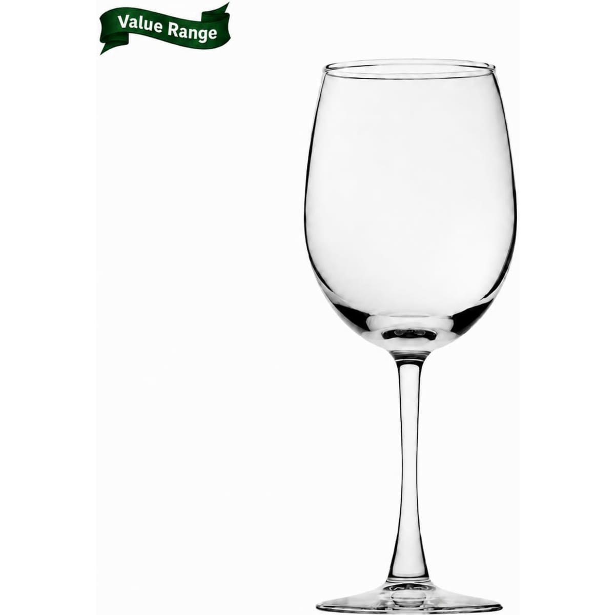 A clear, elegant 470ml wine glass with a tall stem and wide bowl, featuring a logo.