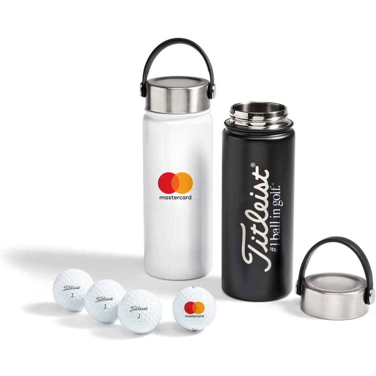 A drink bottle in white and black with a silver lid, featuring golf balls and a logo.