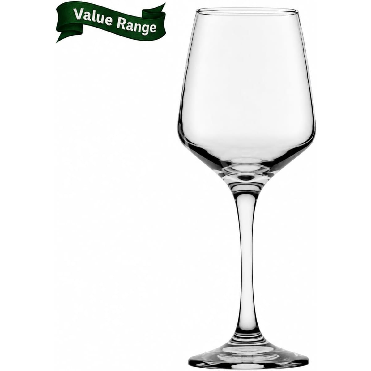 A clear, elegant 350ml wine glass with a slender stem, featuring a simple design and a logo at the top.