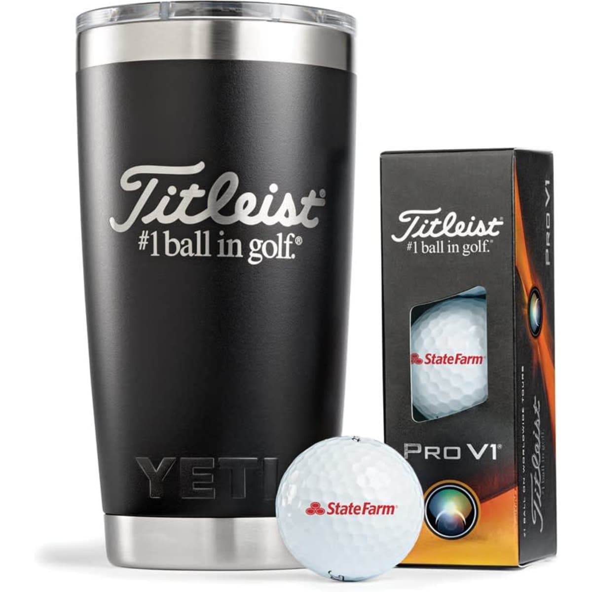 A drink bottle in matte black with a logo, next to a box of Titleist Pro V1 golf balls.