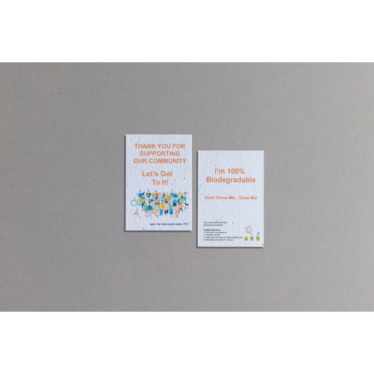 Seed paper cards in white with colourful illustrations, featuring eco-friendly messages and a logo.