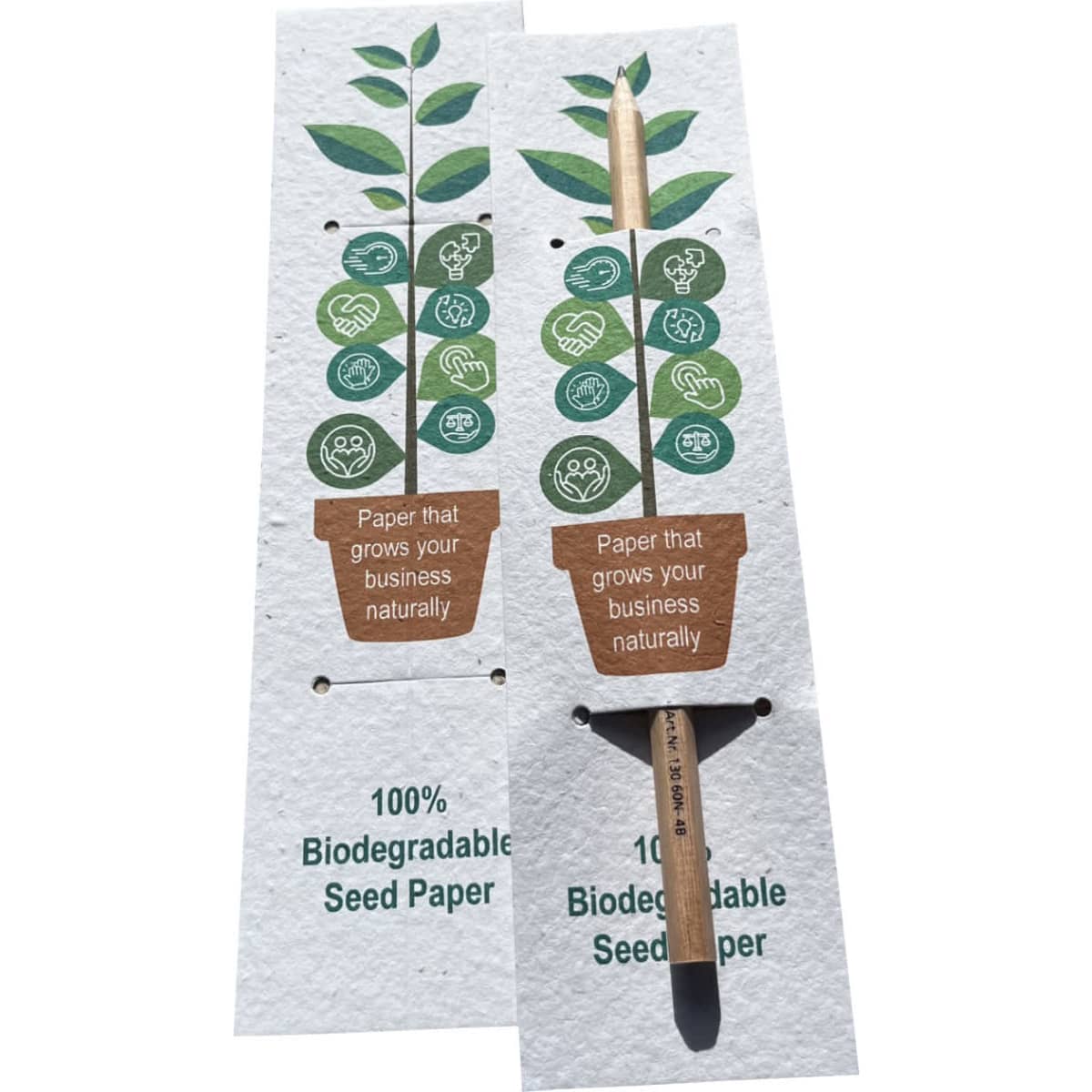 A seed paper bookmark with a pencil, featuring green plant graphics and a biodegradable design in earthy tones.