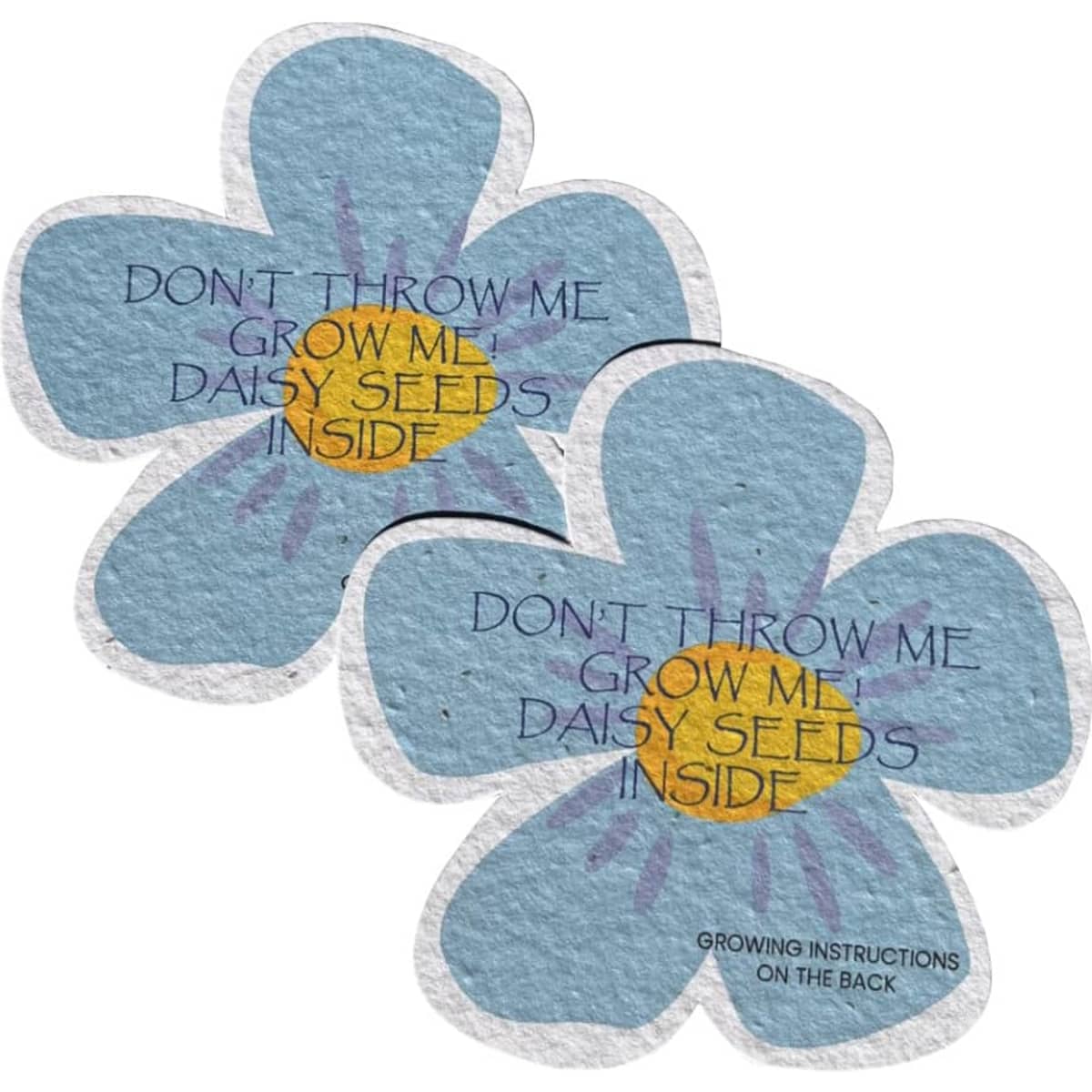 A pair of blue daisy-shaped seed papers with instructions and a logo on the surface.