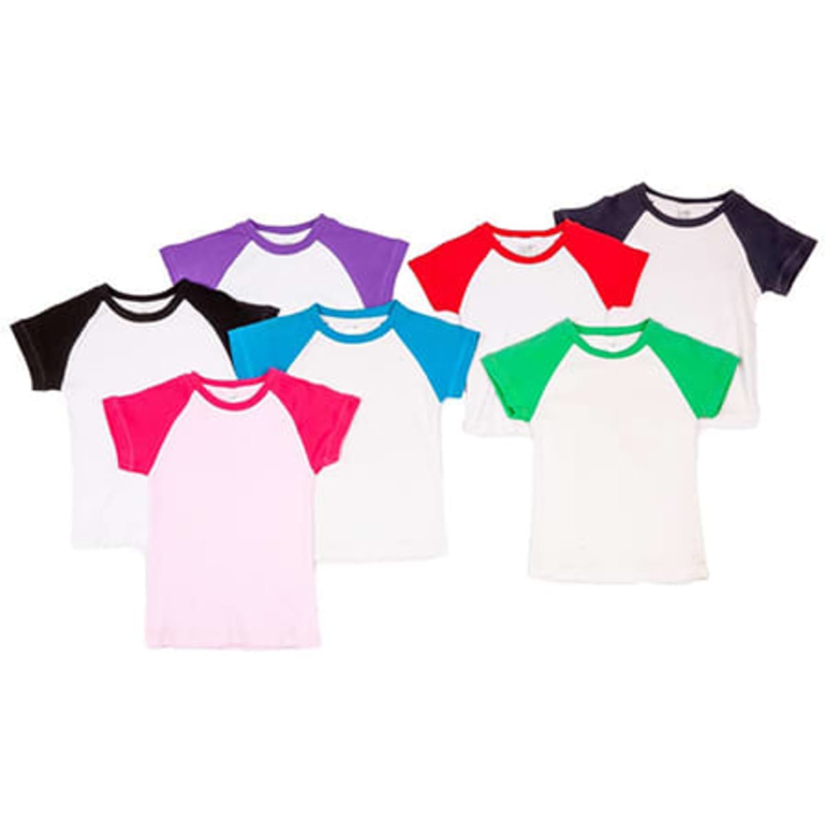 A collection of babies' raglan T-shirts in various colours, featuring white bodies with colourful sleeves. Each shirt has contrasting sleeves.