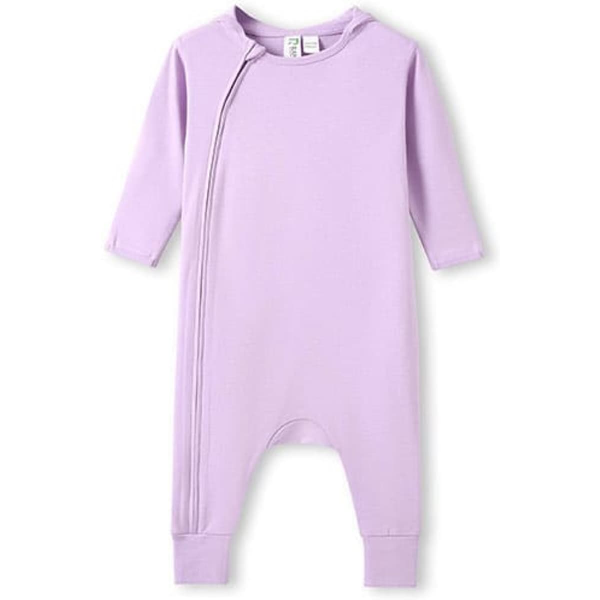 A hooded organic cotton baby suit in soft lilac with long sleeves and a zip opening. It has a logo on the label.