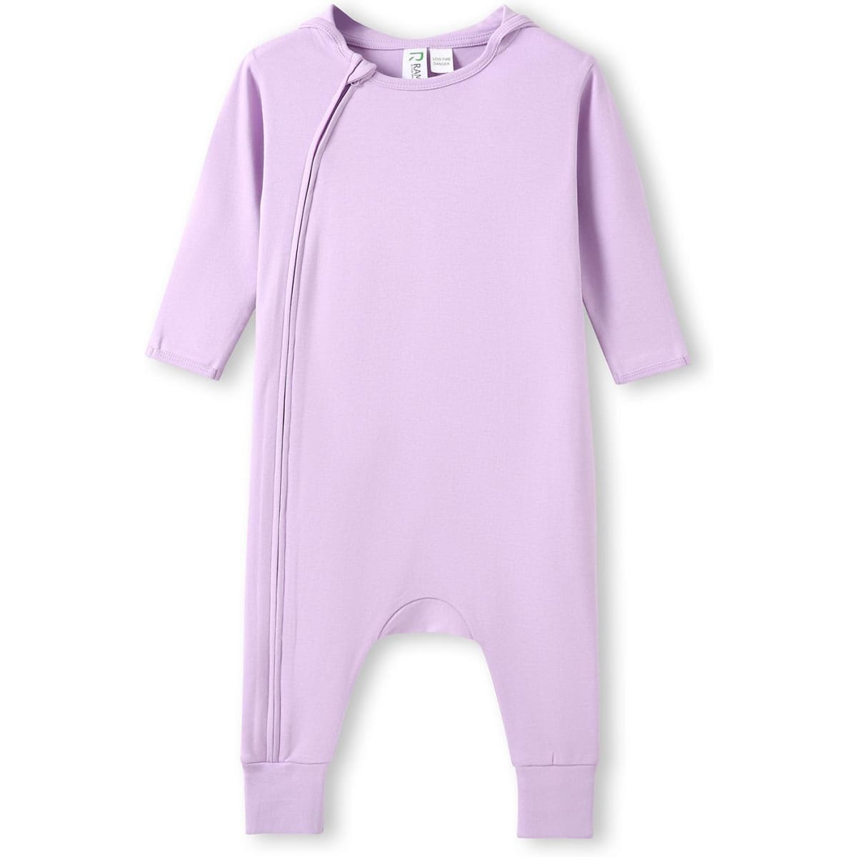 A light purple hooded organic cotton baby suit with long sleeves and a side zip. It has a plain design and features a logo.