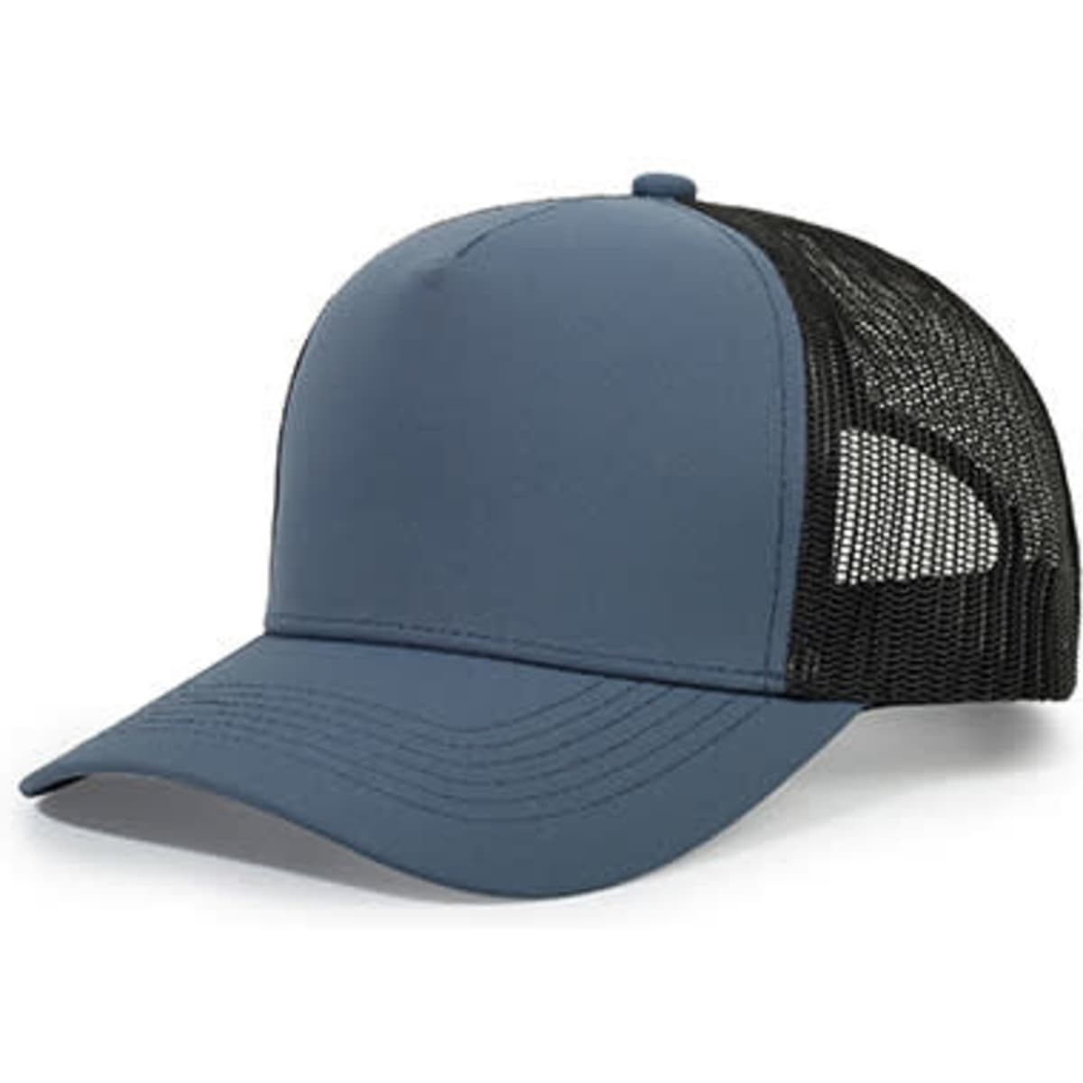 A blue trucker cap with a mesh black back and a curved peak. It features a logo on the front.