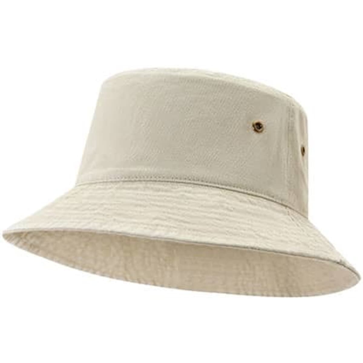 A beige bucket hat made from 280gsm 100% cotton drill with a branding logo and a textured finish.