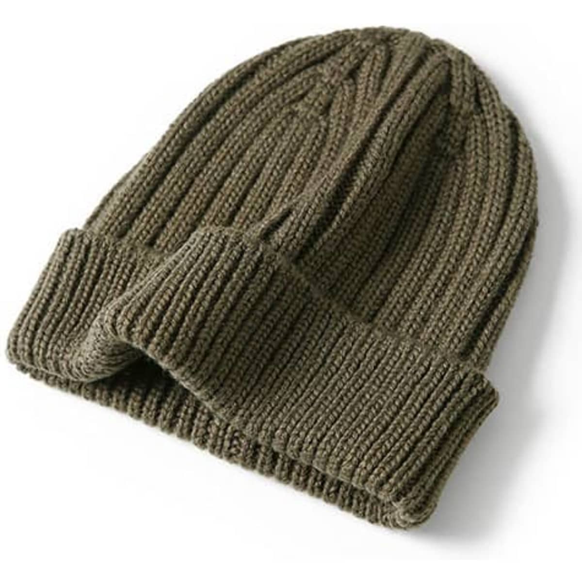 A green knitted beanie with a folded cuff, featuring a textured ribbed pattern.