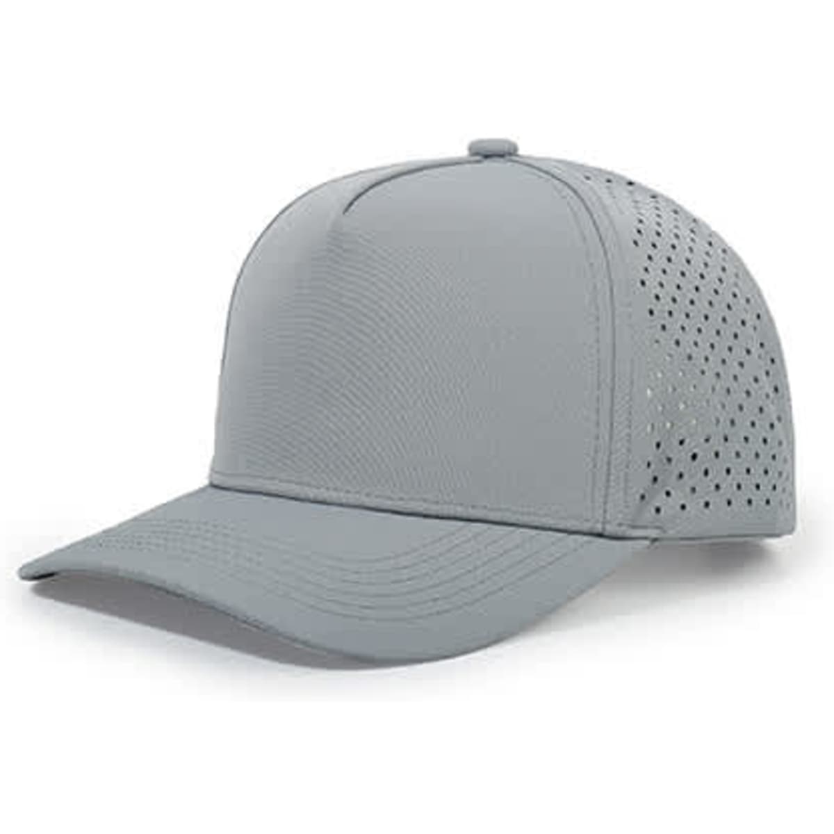 A grey 5 panel sports mesh cap featuring a solid front and perforated back for ventilation. It has a logo on the front.