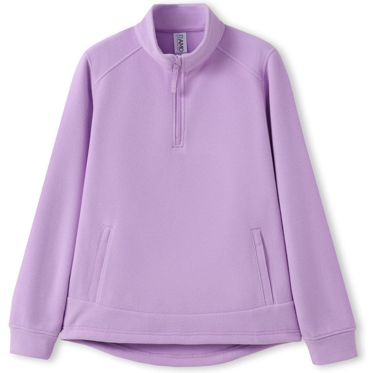 A lilac women's polar fleece half zip top with long sleeves and a high collar. It features a branding logo.