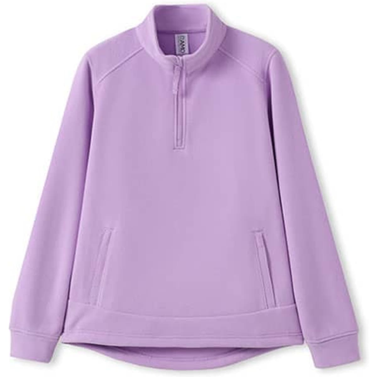 A purple women's polar fleece half zip top with long sleeves and side pockets, featuring a logo.