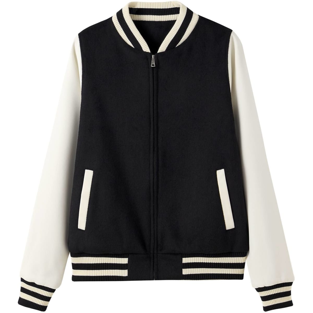 A black and cream wool blend varsity jacket with a zip front, ribbed collar, and striped cuffs. It features side pockets and a logo.