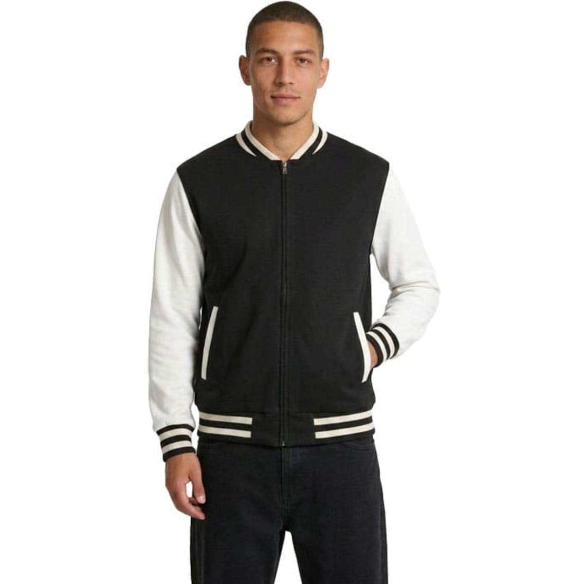 A men's/unisex wool blend soft shell varsity jacket in black and white, featuring a logo on the chest and striped cuffs.