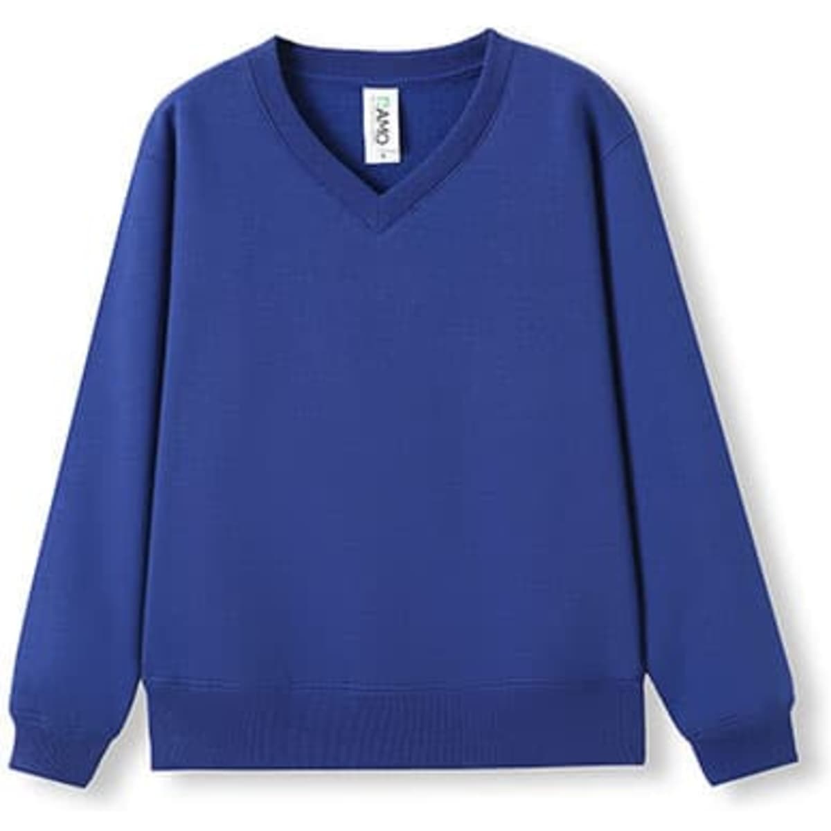 A blue kids' v-neck fleece jumper with long sleeves and a ribbed hem, featuring a small logo.