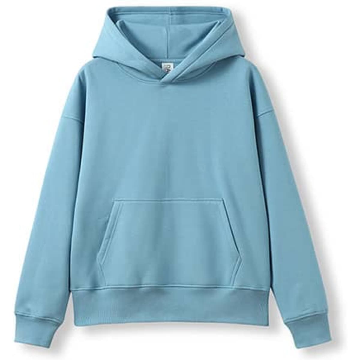 A blue oversize hoodie with a front pocket and a hood. It has a logo at the neckline.