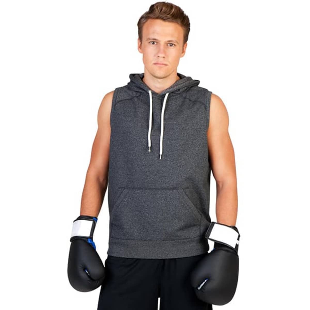 A grey sleeveless hoodie with a front pocket, worn by a man holding boxing gloves.