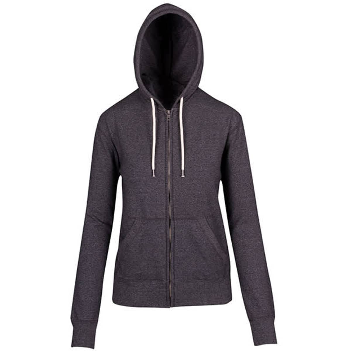 A heather grey zip hoodie featuring a hood and long sleeves, with a logo on it.