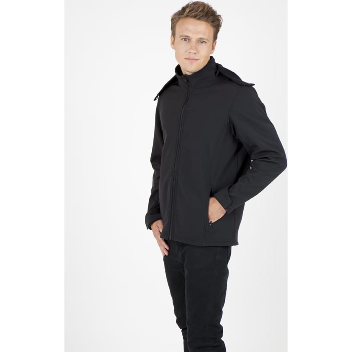 A black men's soft shell hooded jacket from the TEMPEST range, worn by a model standing with hands in pockets.