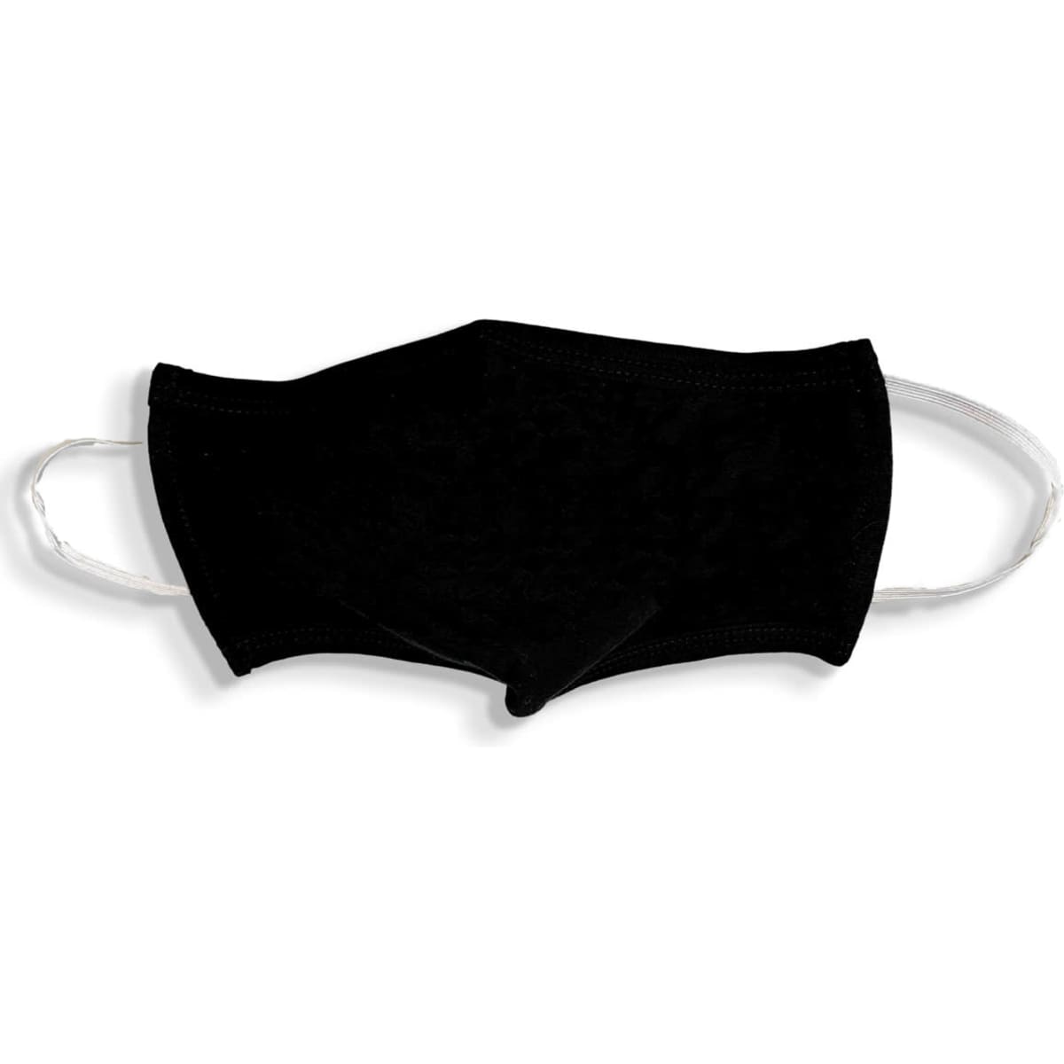 A black 100% cotton face mask with elastic ear straps and a structured design. It features a branding logo.