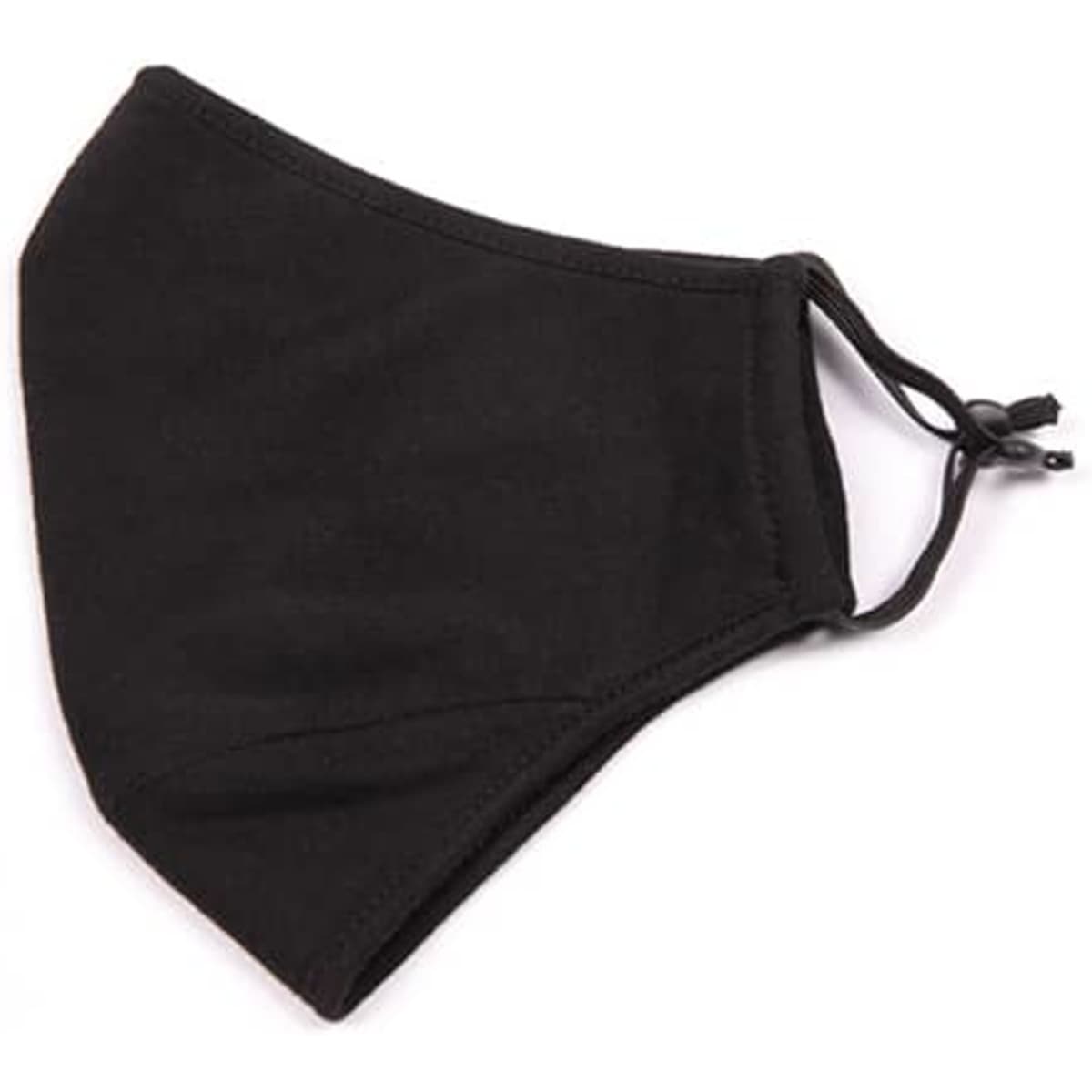 A black face mask made from 100% cotton, featuring adjustable toggles for a customised fit.