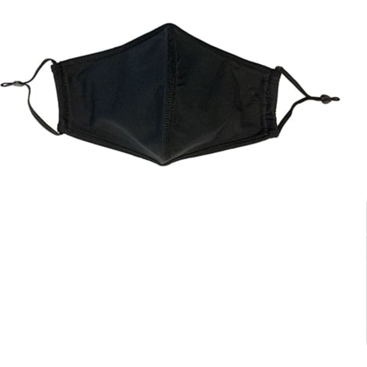 A black cotton face mask with adjustable toggles and a middle seam, featuring a logo.
