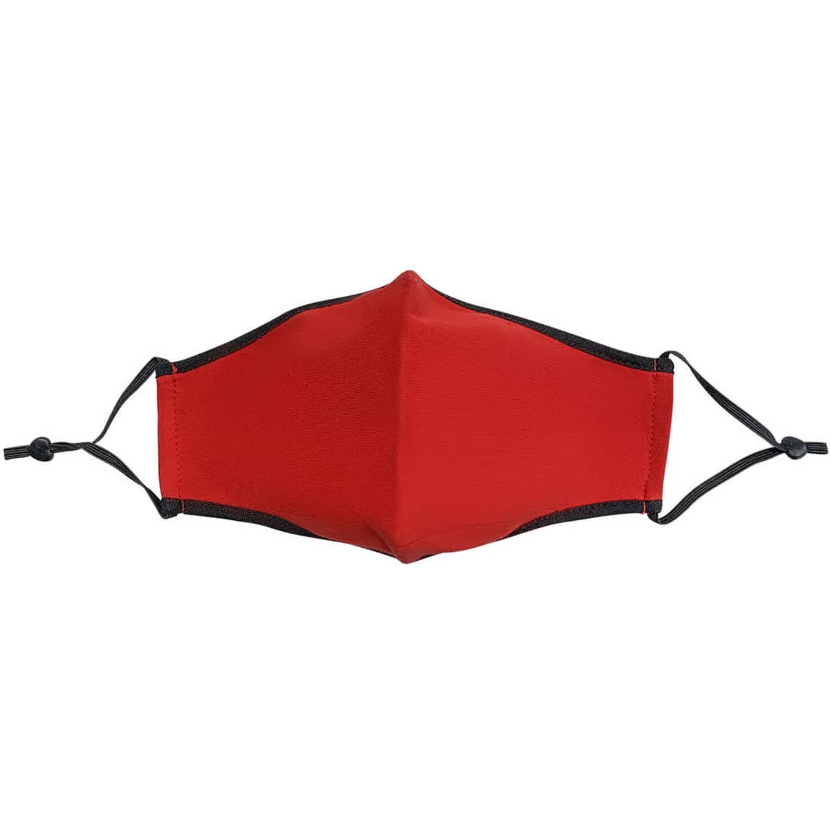 A red cotton face mask with adjustable black toggles and a logo.