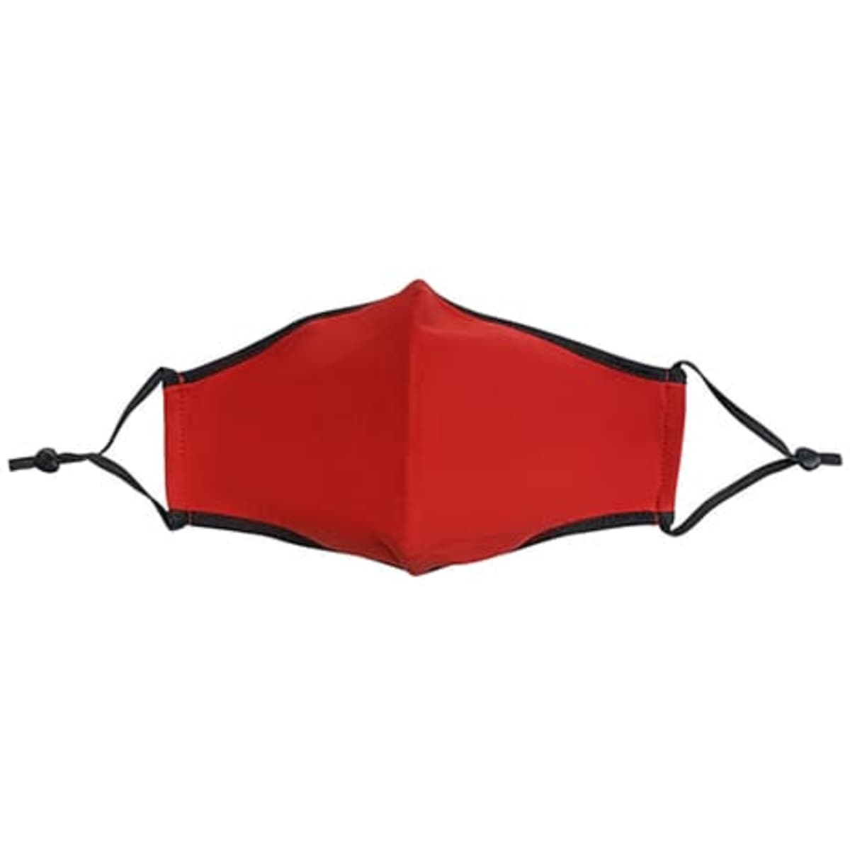 A red cotton face mask with adjustable toggles and black accents. The mask features a logo.