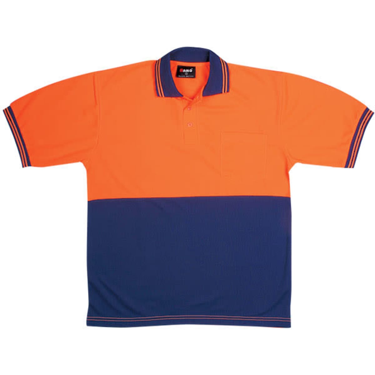 A bright orange and navy Hi Vis polo shirt featuring a pocket and contrasting stripes. It has a logo on the collar.