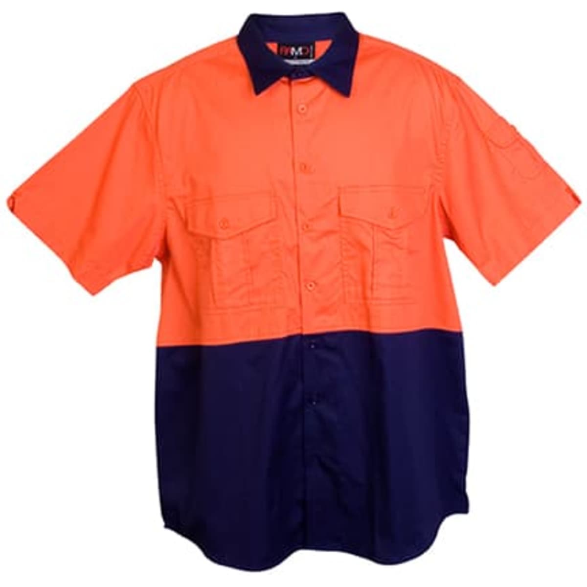An orange and navy short sleeve work shirt featuring two chest pockets and a logo.
