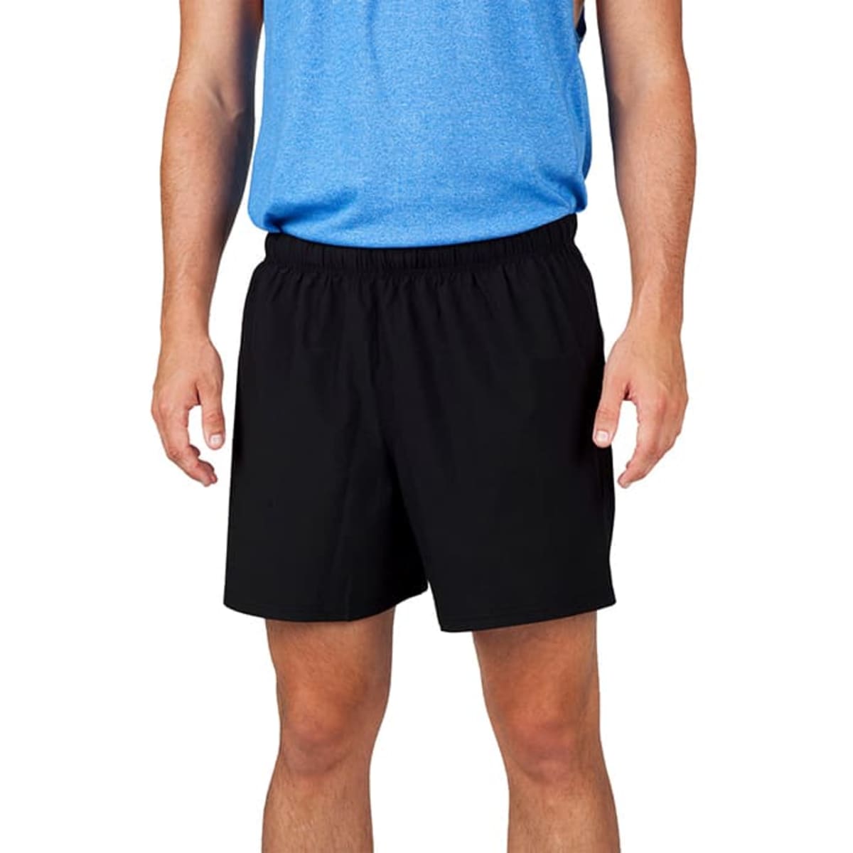 Men's black FLEX shorts featuring a 4-way stretch design and elastic waistband, worn with a blue top.