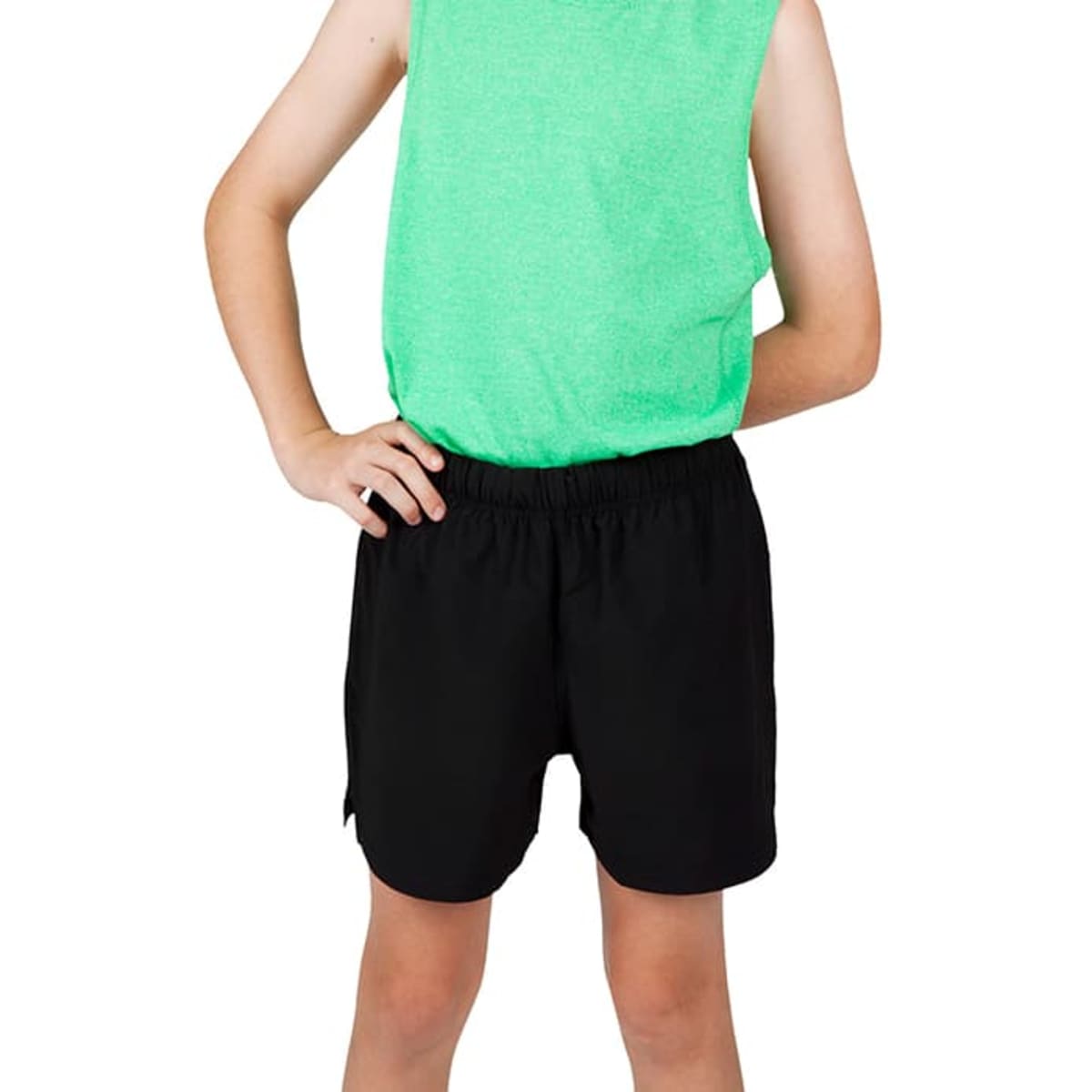 Kids' FLEX shorts in black, featuring a comfortable elastic waistband and 4-way stretch design.