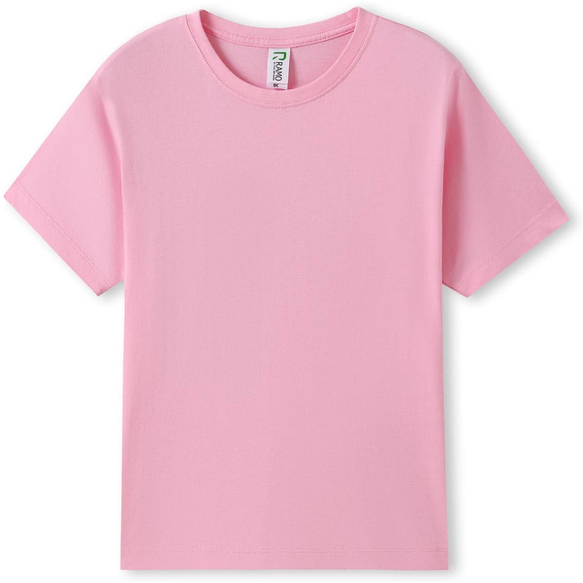 A pink organic T-shirt with short sleeves, featuring a label and a simple design.