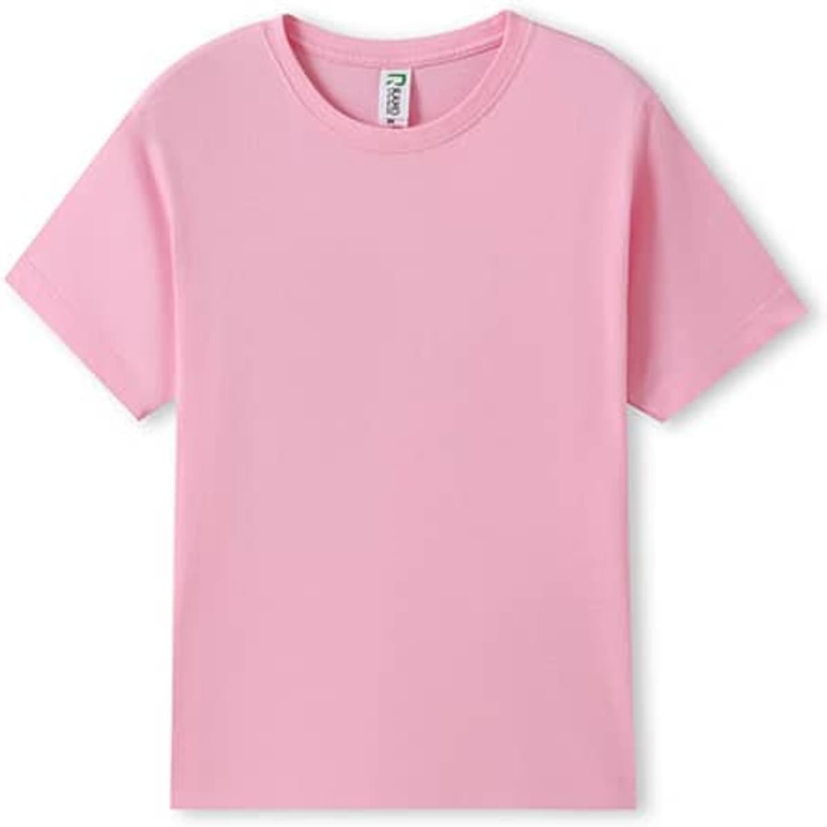 A pink organic T-shirt with a simple design, featuring a label and no visible branding.